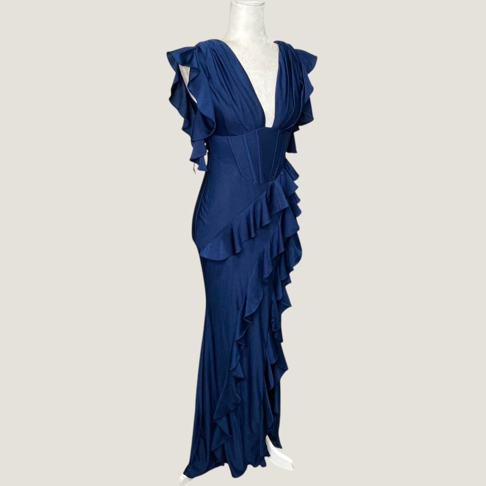 Navy Ruffle Corset Maxi Stretch Gown Dress Formal Slit Lace Up Back V Neck Sz XS - Picture 5 of 14